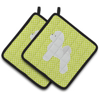 "Caroline's Treasures Bichon Frise Checkerboard green Pair of Pot Holders BB3845PTHD, 7.5HX7.5W, Multicolor"