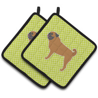 "Caroline's Treasures Pug Checkerboard green Pair of Pot Holders BB3847PTHD, 7.5HX7.5W, Multicolor"
