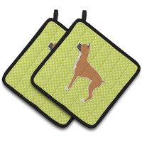 "Caroline's Treasures Boxer Checkerboard green Pair of Pot Holders BB3853PTHD, 7.5HX7.5W, Multicolor"