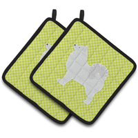 "Caroline's Treasures Samoyed Checkerboard green Pair of Pot Holders BB3859PTHD, 7.5HX7.5W, Multicolor"