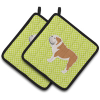 "Caroline's Treasures English Bulldog Checkerboard green Pair of Pot Holders BB3862PTHD, 7.5HX7.5W, Multicolor"