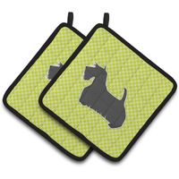"Caroline's Treasures Scottish Terrier Checkerboard green Pair of Pot Holders BB3869PTHD, 7.5HX7.5W, Multicolor"