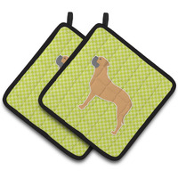 "Caroline's Treasures Bullmastiff Checkerboard green Pair of Pot Holders BB3871PTHD, 7.5HX7.5W, Multicolor"