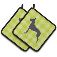 "Caroline's Treasures Great Dane Checkerboard green Pair of Pot Holders BB3875PTHD, 7.5HX7.5W, Multicolor"