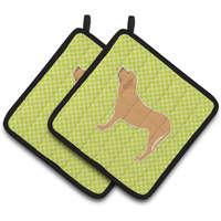 "Caroline's Treasures Fila Brasileiro Checkerboard green Pair of Pot Holders BB3879PTHD, 7.5HX7.5W, Multicolor"