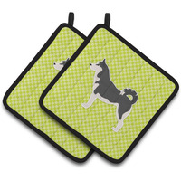 "Caroline's Treasures Siberian Husky Checkerboard green Pair of Pot Holders BB3880PTHD, 7.5HX7.5W, Multicolor"