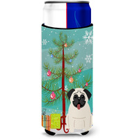 "Caroline's Treasures BB4129MUK Merry Christmas Tree Pug Cream Michelob Ultra Hugger for Slim Cans, Multicolor"
