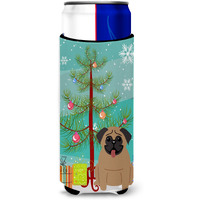 "Caroline's Treasures BB4130MUK Merry Christmas Tree Pug Brown Michelob Ultra Hugger for Slim Cans, Multicolor"