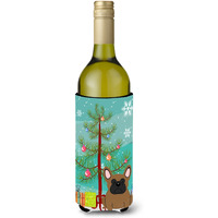 "Caroline's Treasures BB4138LITERK Merry Christmas Tree French Bulldog Brown Wine Bottle Beverage Insulator Hugger, 750ml, Multicolor"