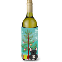 "Caroline's Treasures BB4139LITERK Merry Christmas Tree French Bulldog Black Wine Bottle Beverage Insulator Hugger, 750ml, Multicolor"