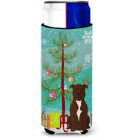 "Caroline's Treasures BB4173MUK Merry Christmas Tree Staffordshire Bull Terrier Chocolate Michelob Ultra Hugger for Slim Cans, Multicolor"