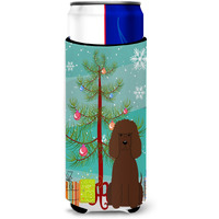 "Caroline's Treasures BB4188MUK Merry Christmas Tree Irish Water Spaniel Michelob Ultra Hugger for Slim Cans, Multicolor"