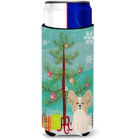 "Caroline's Treasures BB4202MUK Merry Christmas Tree Papillon Sable White Michelob Ultra Hugger for Slim Cans, Multicolor"