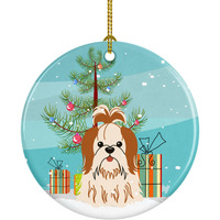 Caroline's Treasures Merry Christmas Tree Shih Tzu Red White Ceramic Ornament