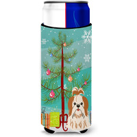 "Caroline's Treasures BB4212MUK Merry Christmas Tree Shih Tzu Red White Michelob Ultra Hugger for Slim Cans, Multicolor"