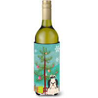 "Caroline's Treasures BB4213LITERK Merry Christmas Tree Shih Tzu Black White Wine Bottle Beverage Insulator Hugger, 750ml, Multicolor"