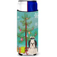 "Caroline's Treasures BB4213MUK Merry Christmas Tree Shih Tzu Black White Michelob Ultra Hugger for Slim Cans, Multicolor"