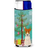 "Caroline's Treasures BB4226MUK Merry Christmas Tree Wire Fox Terrier Michelob Ultra Hugger for Slim Cans, Multicolor"