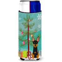 "Caroline's Treasures BB4234MUK Merry Christmas Tree English Toy Terrier Michelob Ultra Hugger for Slim Cans, Multicolor"