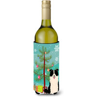 "Caroline's Treasures BB4243LITERK Merry Christmas Tree Border Collie Black White Wine Bottle Beverage Insulator Hugger, 750ml, Multicolor"