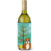 "Caroline's Treasures BB4245LITERK Merry Christmas Tree English Bulldog Red White Wine Bottle Beverage Insulator Hugger, 750ml, Multicolor"