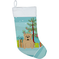 "Caroline's Treasures Merry Christmas Tree English Bulldog Fawn Stocking, Large, Multicolor"