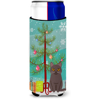 "Caroline's Treasures Chartreux Cat Merry Christmas Tree Michelob Ultra Hugger For Slim Cans, Slim Can, Multicolor"