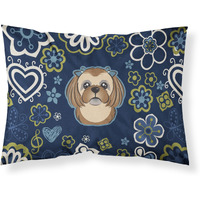 Blue Flowers Chocolate Brown Shih Tzu Fabric Standard Pillowcase