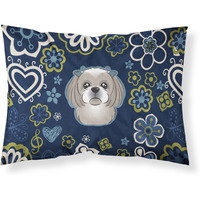 Blue Flowers Gray Silver Shih Tzu Fabric Standard Pillowcase