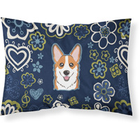 Blue Flowers Red Corgi Fabric Standard Pillowcase