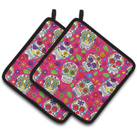 "Caroline's Treasures Day of The Dead Pink Pair of Pot Holders, 7.5HX7.5W, Multicolor"