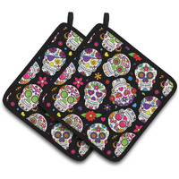 "Caroline's Treasures Day of The Dead black Pair of Pot Holders, 7.5HX7.5W, Multicolor"