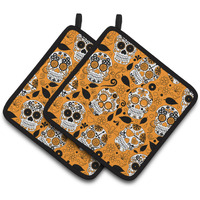 "Caroline's Treasures Day of The Dead Orange Pair of Pot Holders, 7.5HX7.5W, Multicolor"