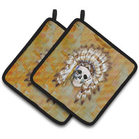 "Caroline's Treasures Day of The Dead Indian Skull Pair of Pot Holders, 7.5HX7.5W, Multicolor"