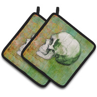 "Caroline's Treasures Day of The Dead green Skull Pair of Pot Holders, 7.5HX7.5W, Multicolor"