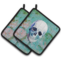 "Caroline's Treasures Day of The Dead Teal Skull Pair of Pot Holders, 7.5HX7.5W, Multicolor"