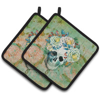 "Caroline's Treasures Day of The Dead Skull with Flowers Pair of Pot Holders, 7.5HX7.5W, Multicolor"