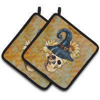 "Caroline's Treasures Day of The Dead Witch Skull Pair of Pot Holders, 7.5HX7.5W, Multicolor"