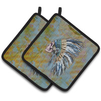 "Caroline's Treasures Day of The Dead Indian Chief Skull Pair of Pot Holders, 7.5HX7.5W, Multicolor"