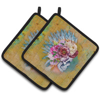 "Caroline's Treasures Day of The Dead Flowers Skull Pair of Pot Holders, 7.5HX7.5W, Multicolor"