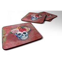 "Caroline's Treasures Day of The Dead Red Flowers Skull Foam Coaster Set of 4, 3.5, Multicolor"