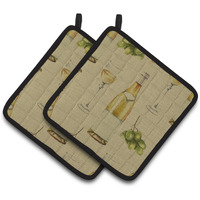 "Caroline's Treasures White Wine On Linen Pair of Pot Holders, 7.5HX7.5W, Multicolor"
