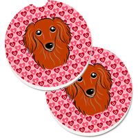 "Caroline's Treasures Longhair Red Dachshund Hearts Set of 2 Cup Holder Car Coasters, 2.56, Multicolor"