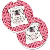 "Caroline's Treasures White English Bulldog Hearts Set of 2 Cup Holder Car Coasters, 2.56, Multicolor"