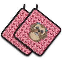 "Caroline's Treasures Chocolate Brown Shih Tzu Hearts Pair of Pot Holders, 7.5HX7.5W, Multicolor"