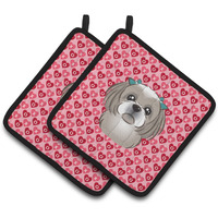"Caroline's Treasures Gray Silver Shih Tzu Hearts Pair of Pot Holders, 7.5HX7.5W, Multicolor"