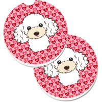 "Caroline's Treasures White Poodle Hearts Set of 2 Cup Holder Car Coasters, 2.56, Multicolor"