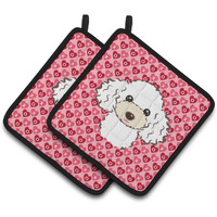 "Caroline's Treasures White Poodle Hearts Pair of Pot Holders, 7.5HX7.5W, Multicolor"