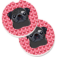 "Caroline's Treasures black Pug Hearts Set of 2 Cup Holder Car Coasters, 2.56, Multicolor"