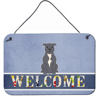 "Caroline's Treasures Staffordshire Bull Terrier Blue Metal Print, 8 x 12, Welcome"